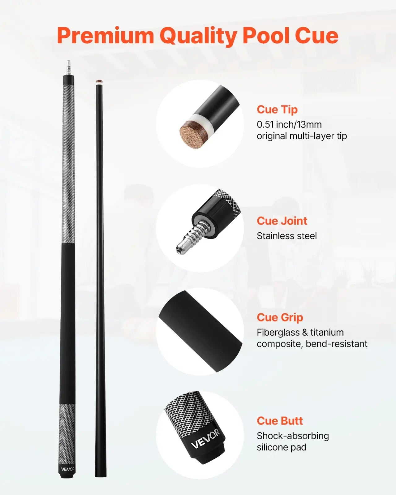 Pool Cue 58 Inch Fiberglass Titanium Composite Stick