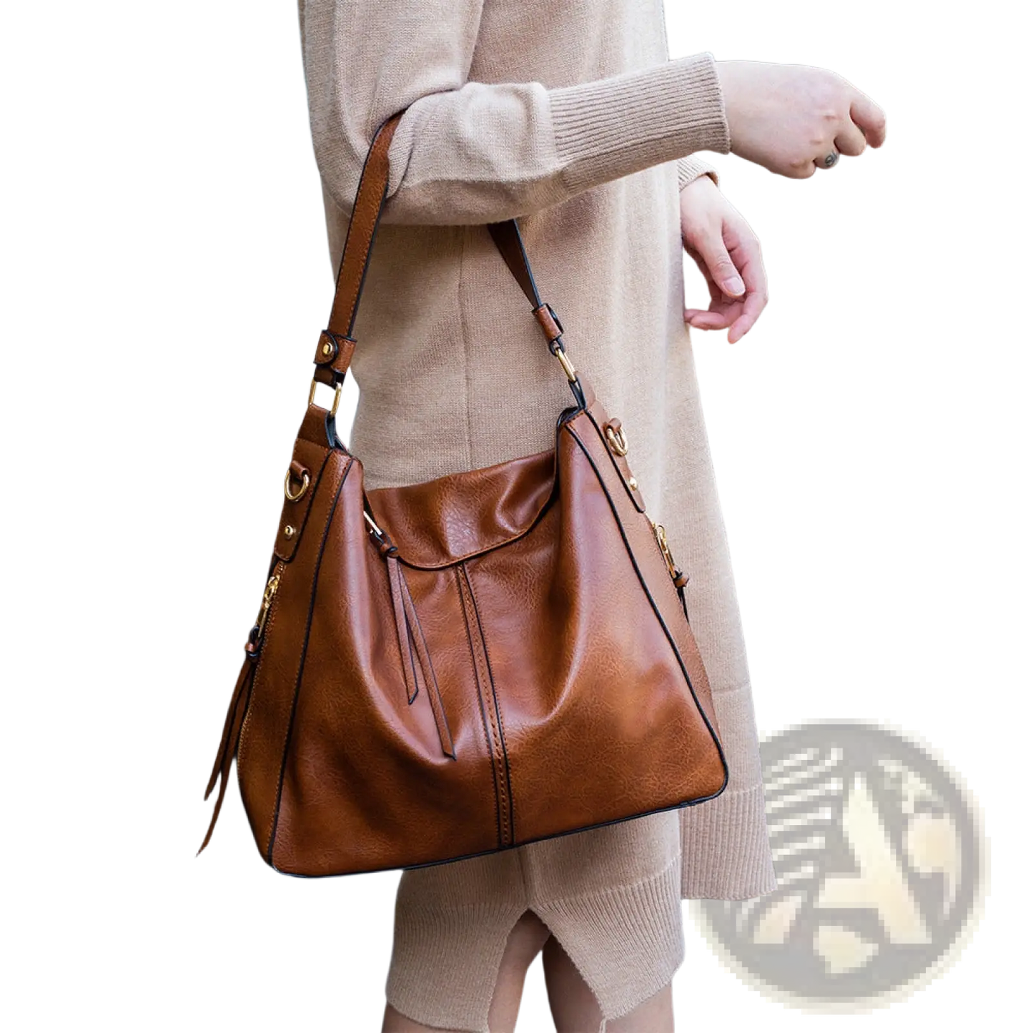 Premium Brown Leather Hobo Crossbody Bag with Gold Hardware