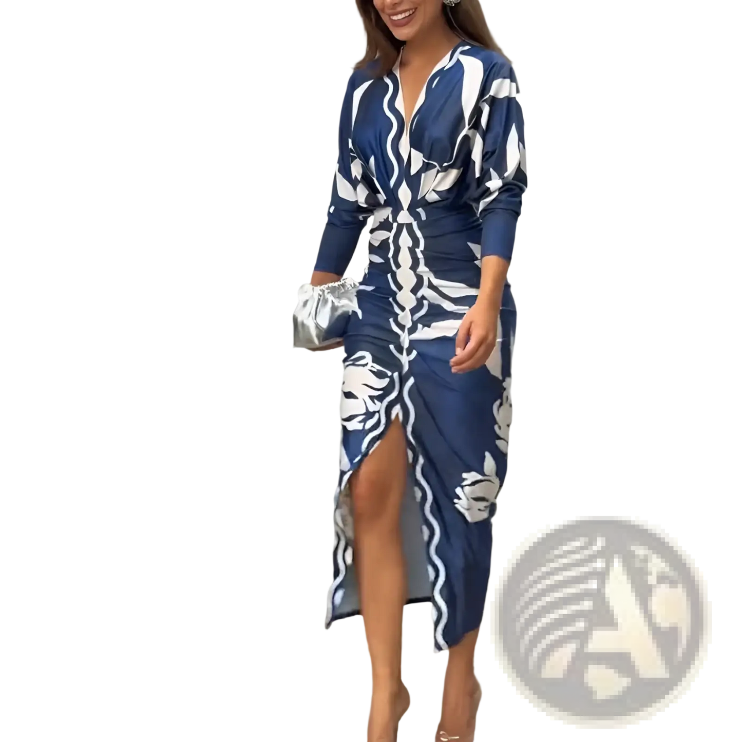 Printed V-neck Geometric Wrap Midi Dress