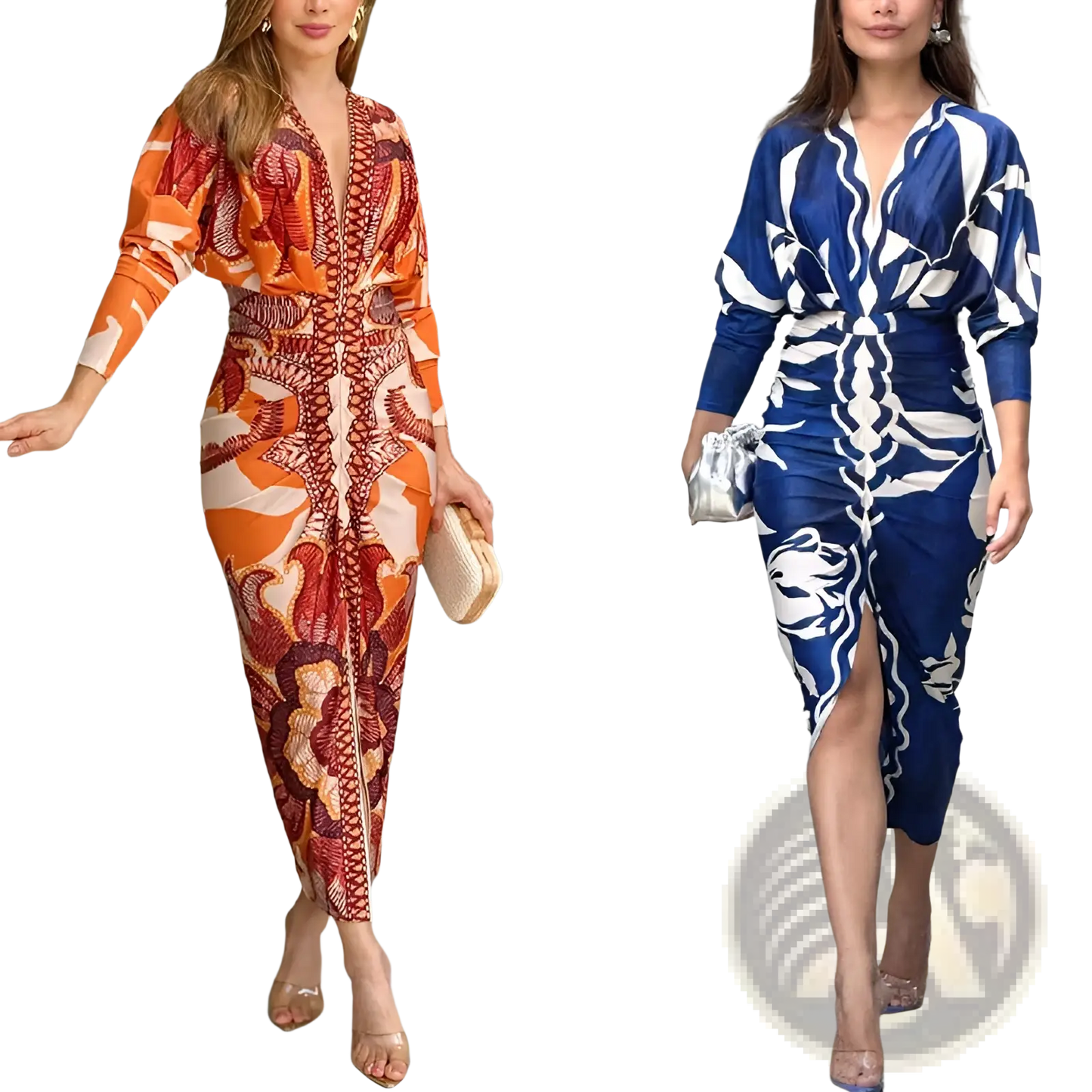Printed V-neck Geometric Wrap Midi Dress