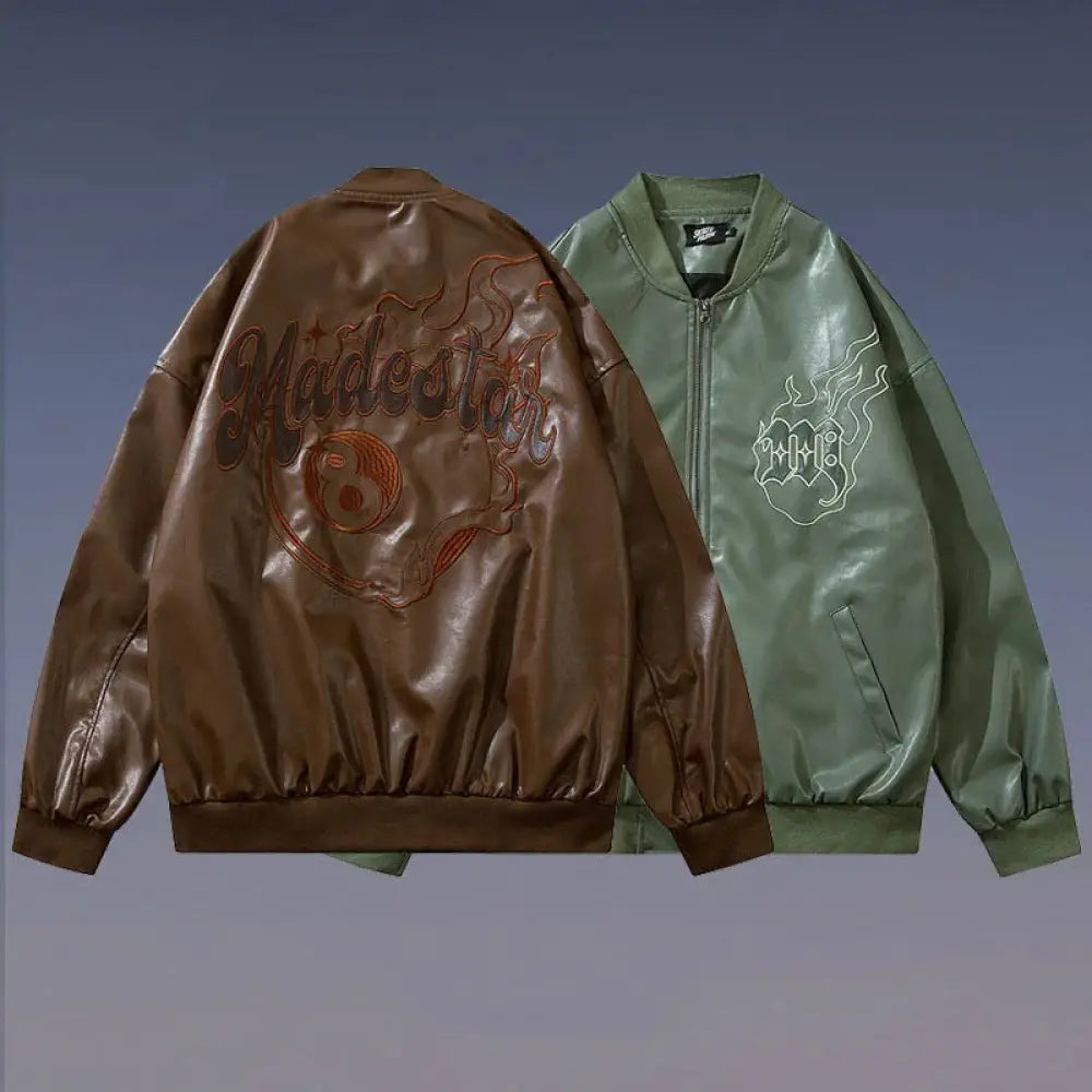 Unisex Maidestar Embroidered Oversized Faux Leather Varsity Jacket