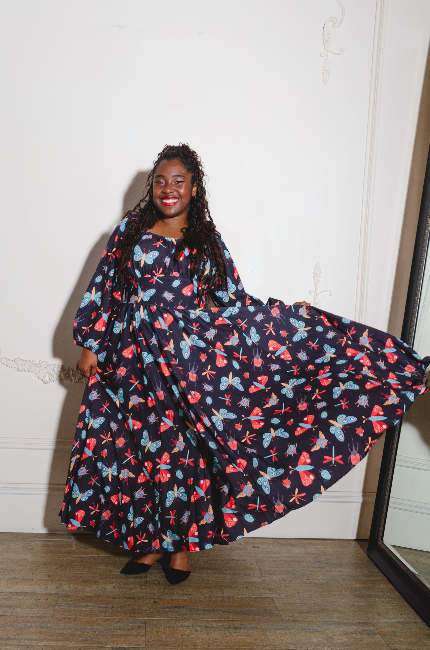 Swann 70s Maxi Dress in Insect Print Crepe | Laura Byrnes & Hope Johnstun