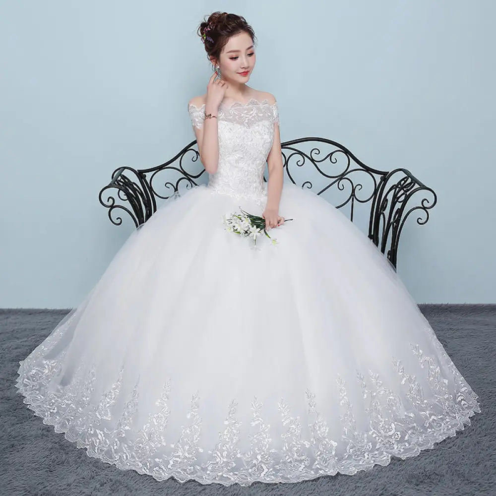 Qidi Lace off the Shoulder Tulle Ball Gown Wedding Dress
