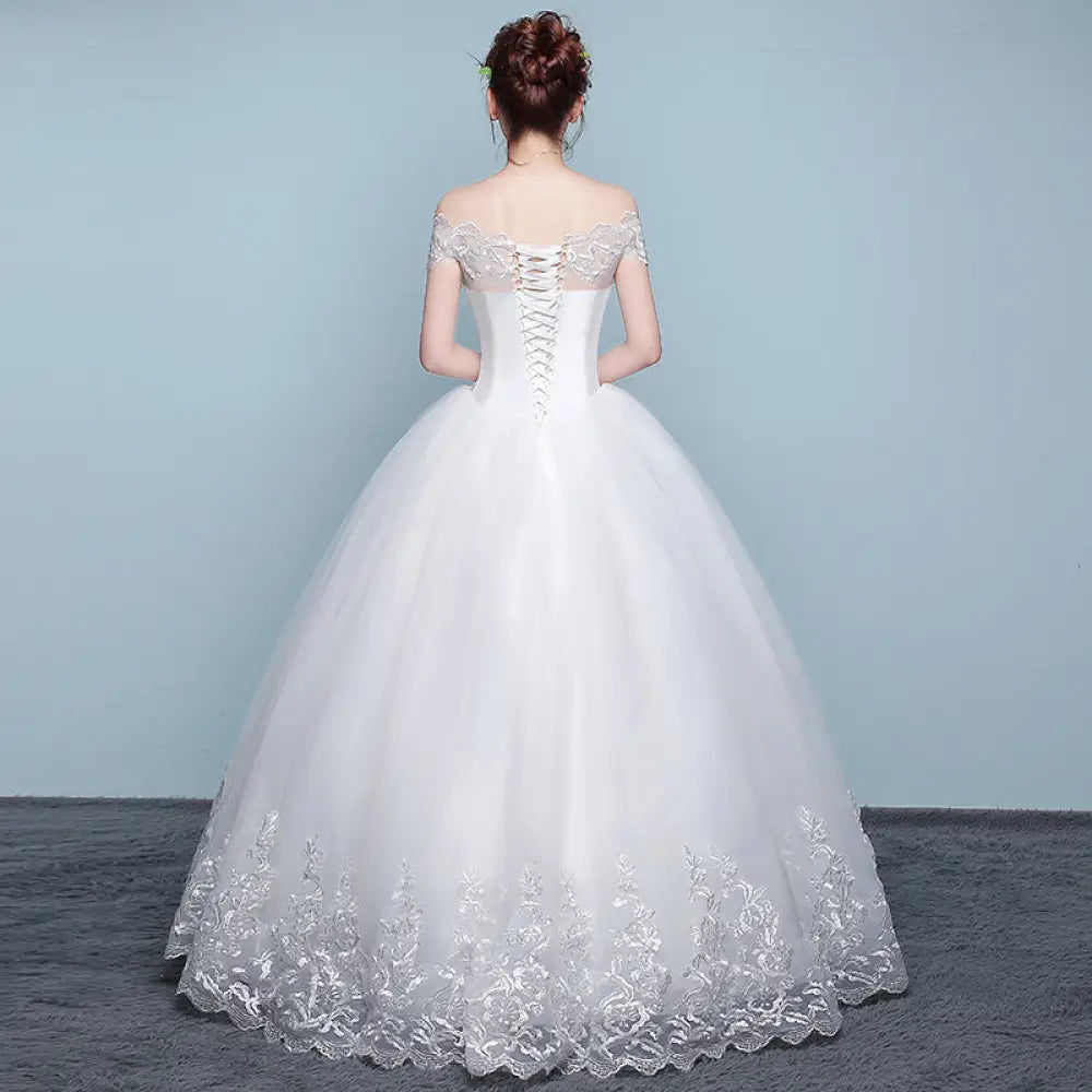 Qidi Lace off the Shoulder Tulle Ball Gown Wedding Dress