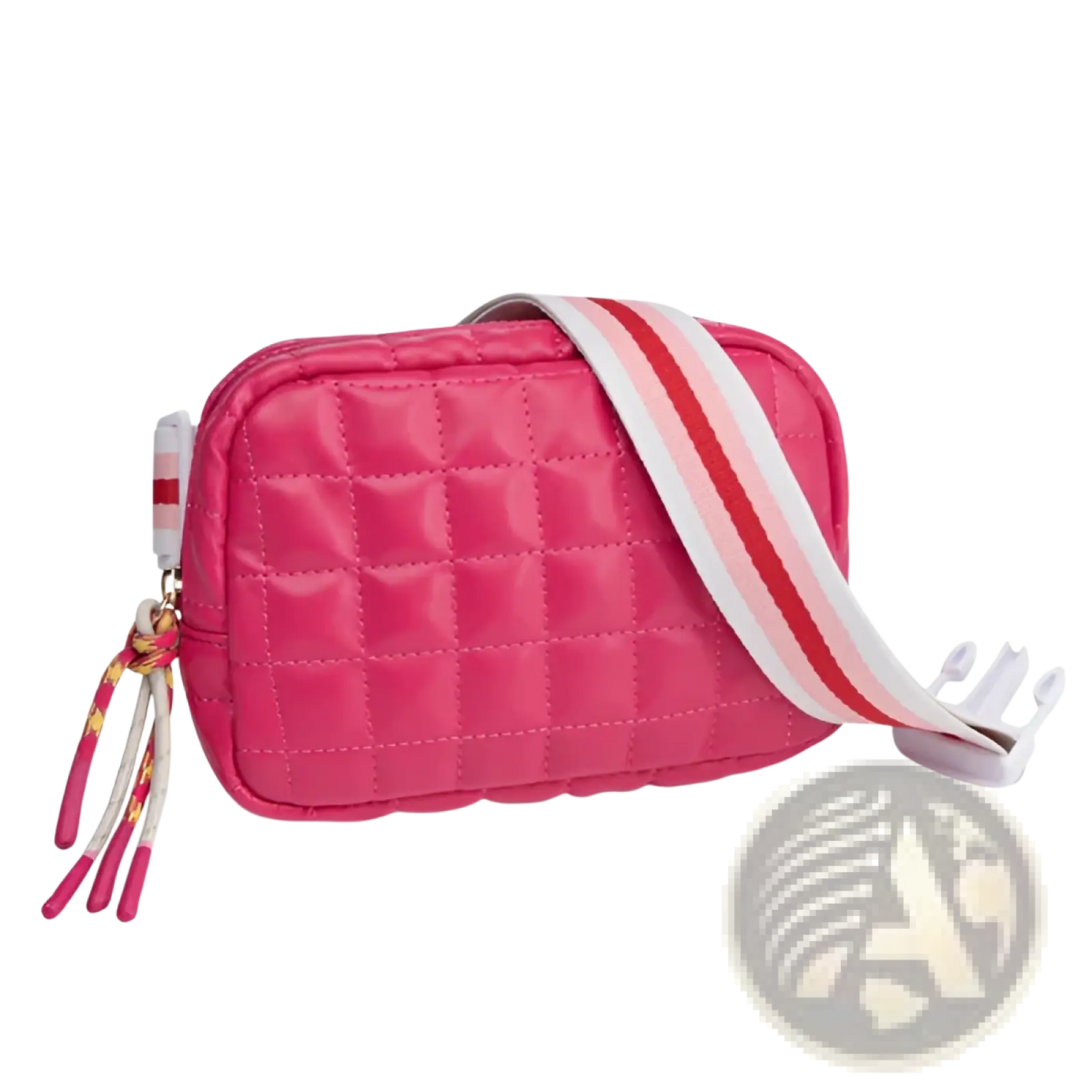 Quilted Pink Puffer Belt Bag with Striped Strap
