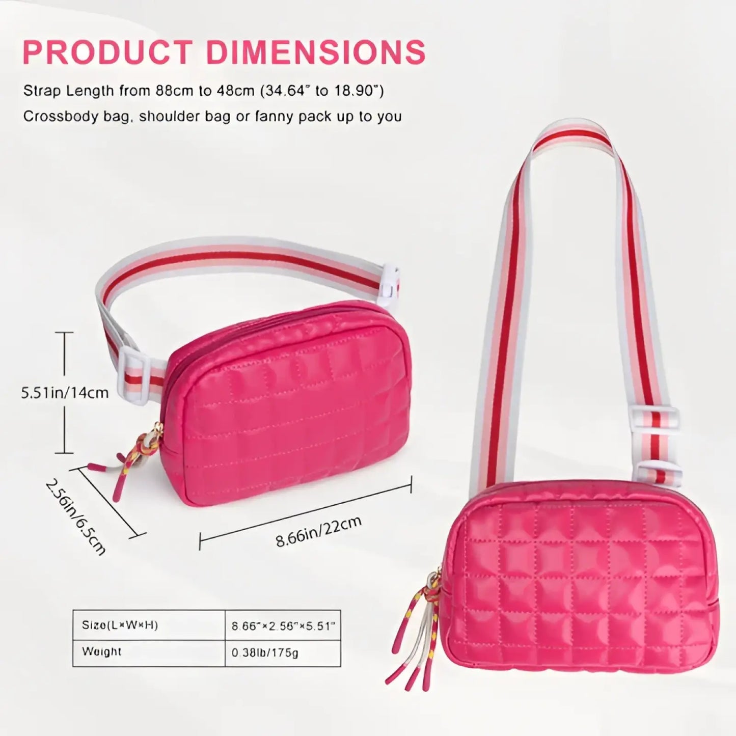 Quilted Pink Puffer Belt Bag with Striped Strap