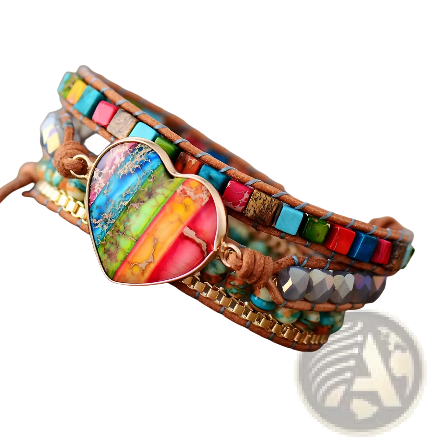Rainbow Heart Imperial Stone Leather Wrap Bracelet