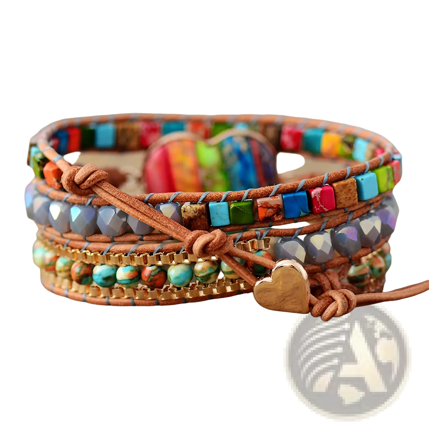 Rainbow Heart Imperial Stone Leather Wrap Bracelet