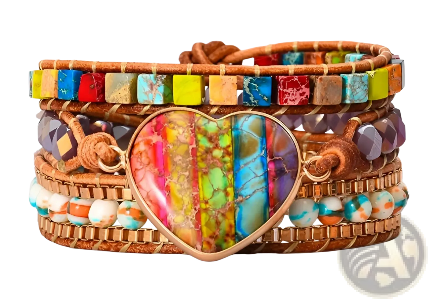 Rainbow Heart Imperial Stone Leather Wrap Bracelet