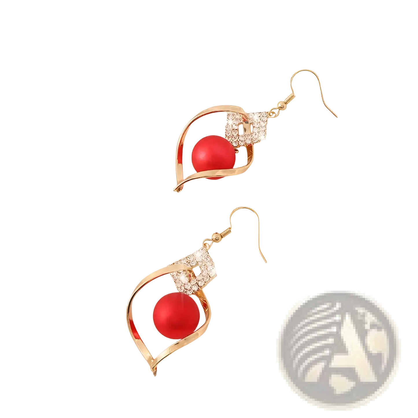 Red Bead and Crystal Geometric Gold Dangle Earrings