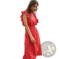 Red Floral Chiffon Ruffle Maxi Dress