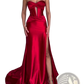 Red Satin Strapless Slit Mermaid Evening Gown