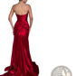 Red Satin Strapless Slit Mermaid Evening Gown