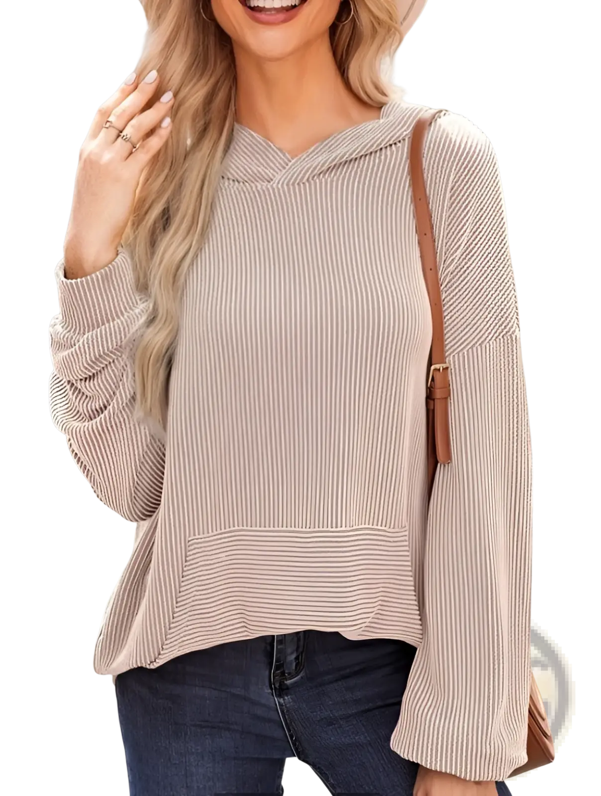 Relaxed Fit Ribbed Knit Bell Sleeve Hoodie