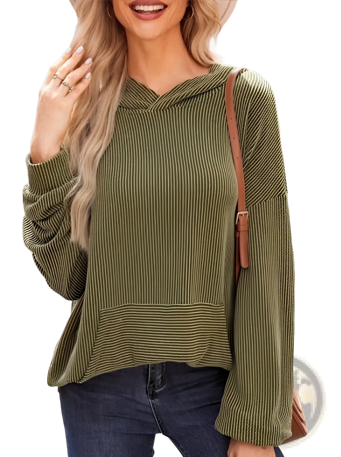 Relaxed Fit Ribbed Knit Bell Sleeve Hoodie