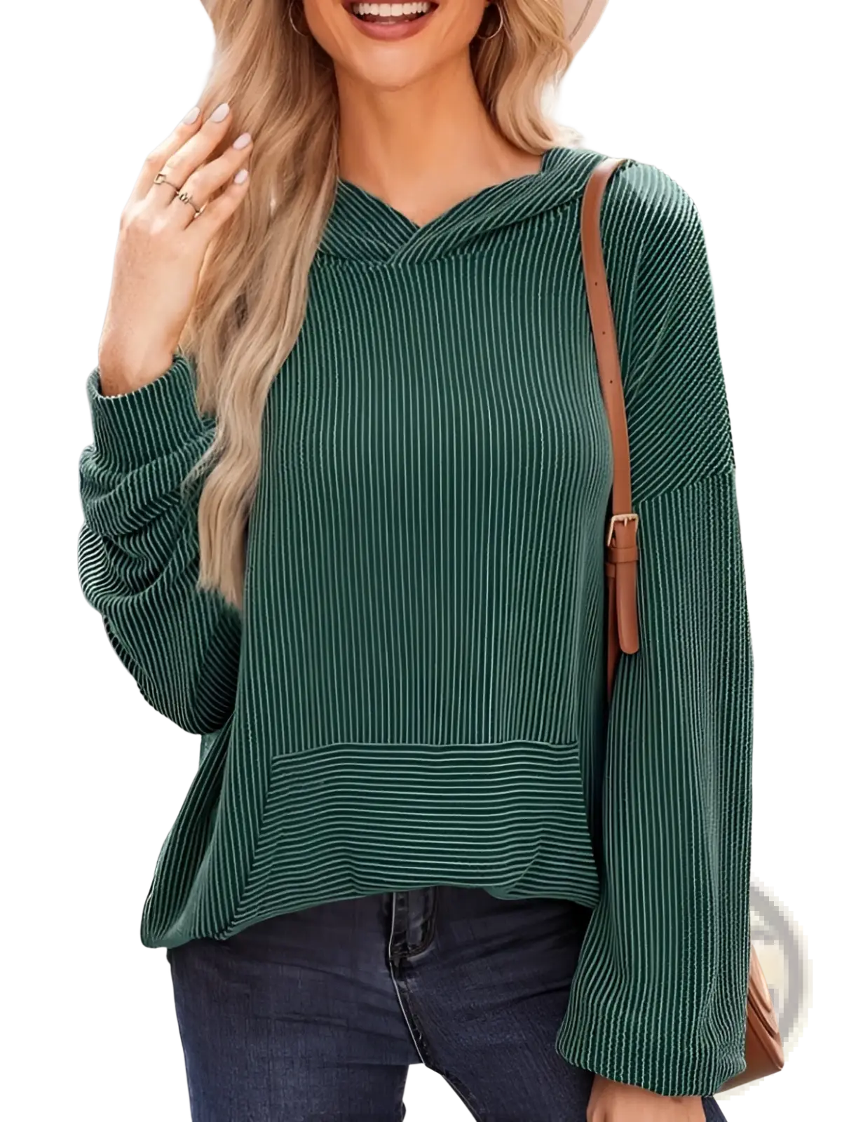 Relaxed Fit Ribbed Knit Bell Sleeve Hoodie