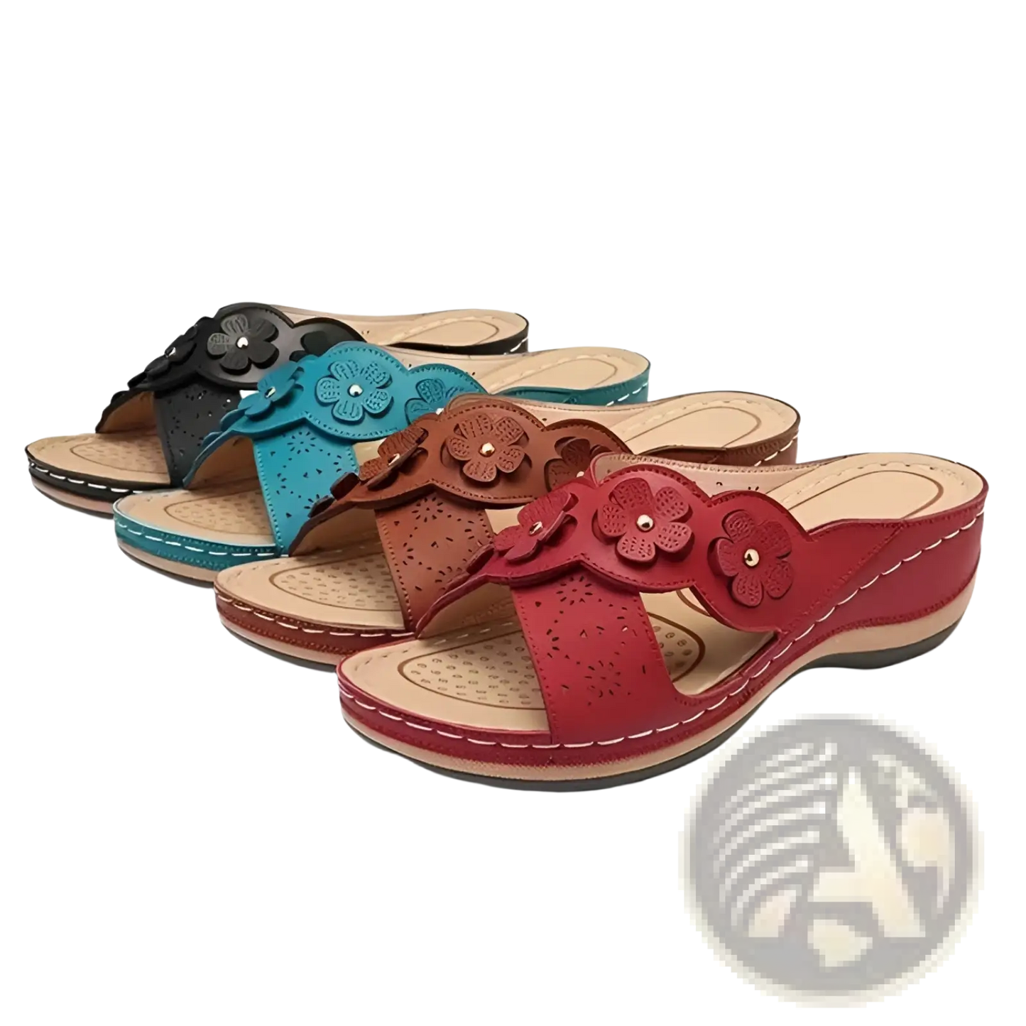 Retro Floral Leather Wedge Sandals and Slides