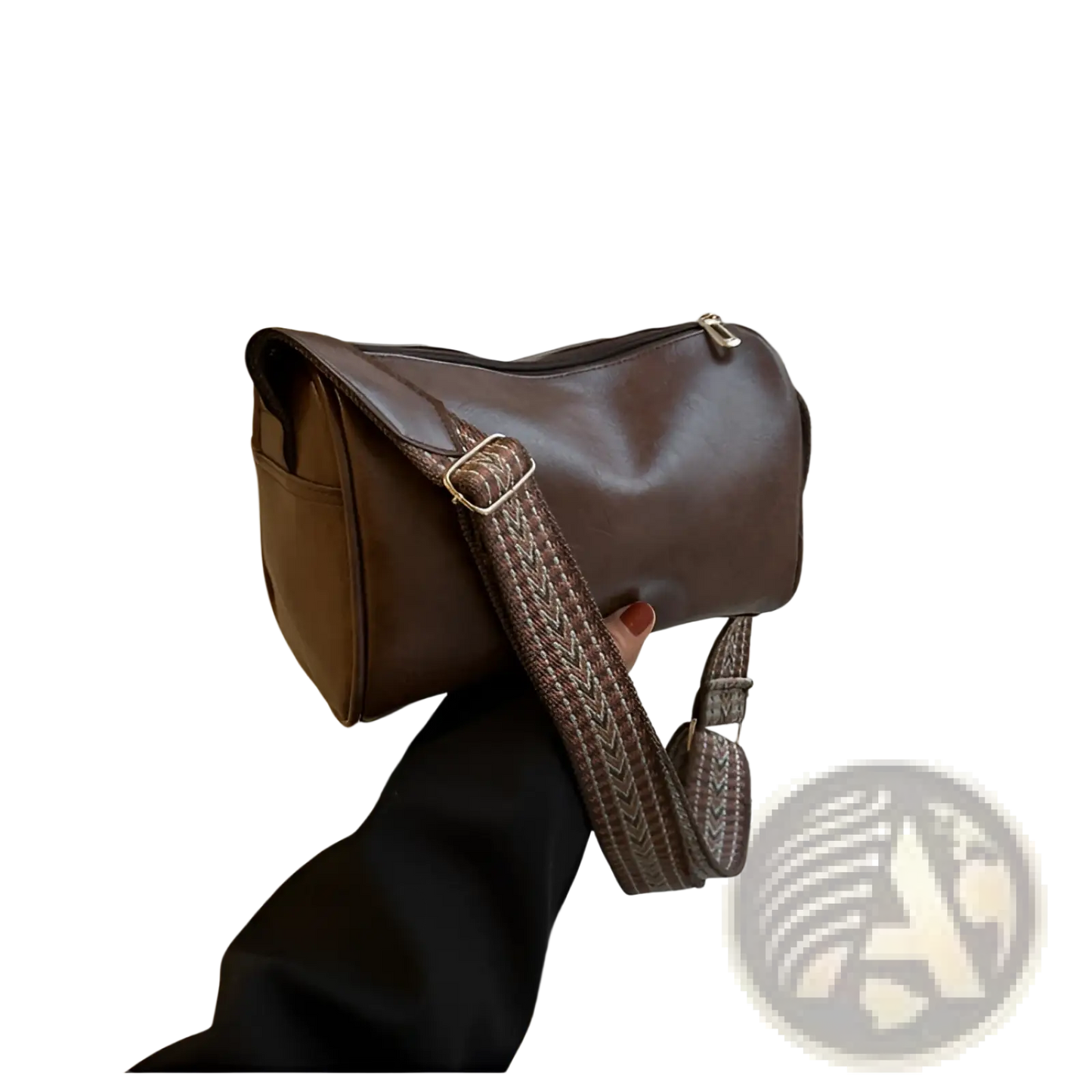 Retro Leather Crossbody Bag with Patterned Strap
