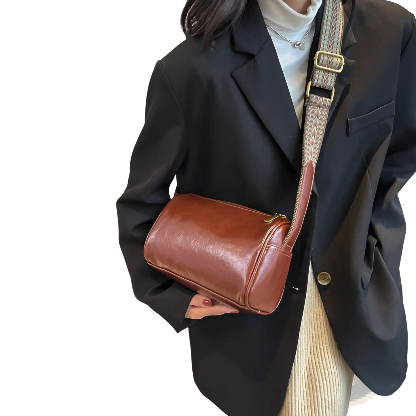 Retro Leather Crossbody Bag with Patterned Strap