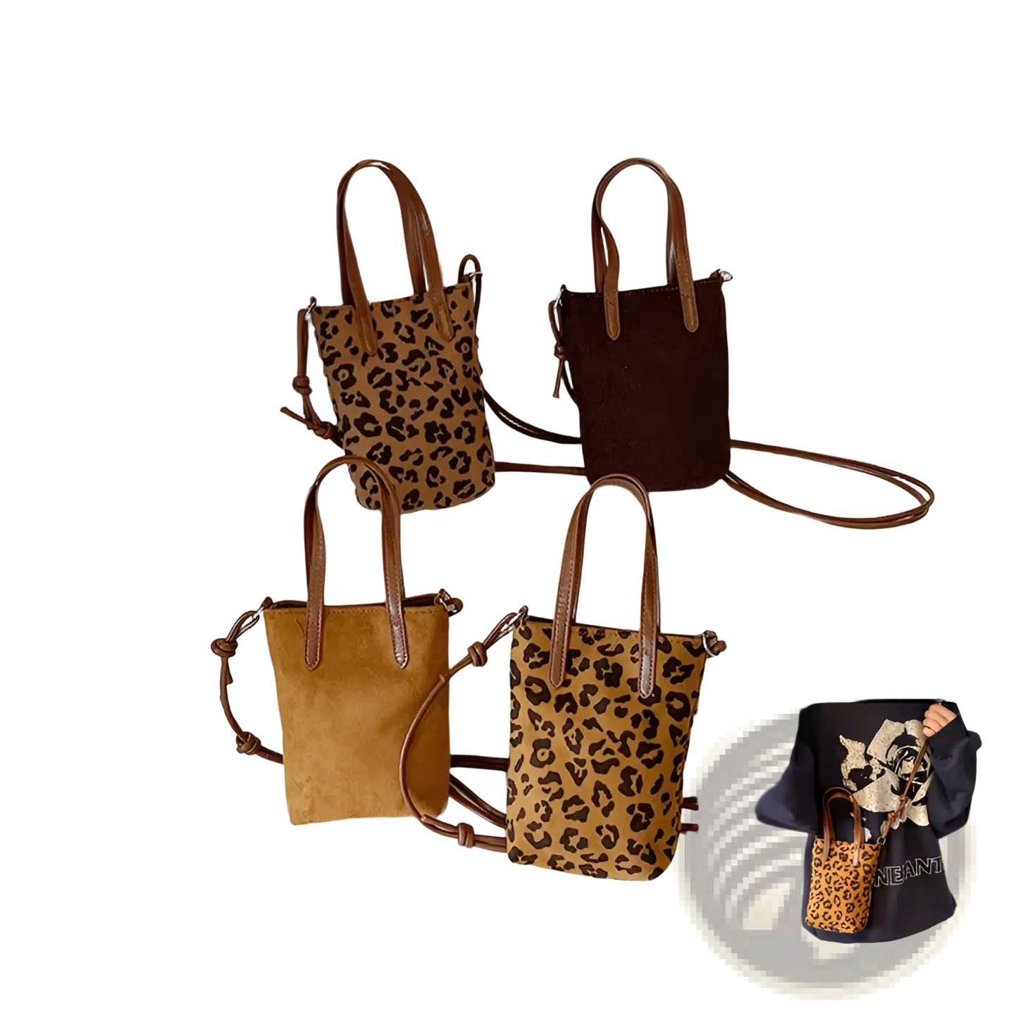 Retro Leopard Print Suede Mini Bucket Crossbody Bag