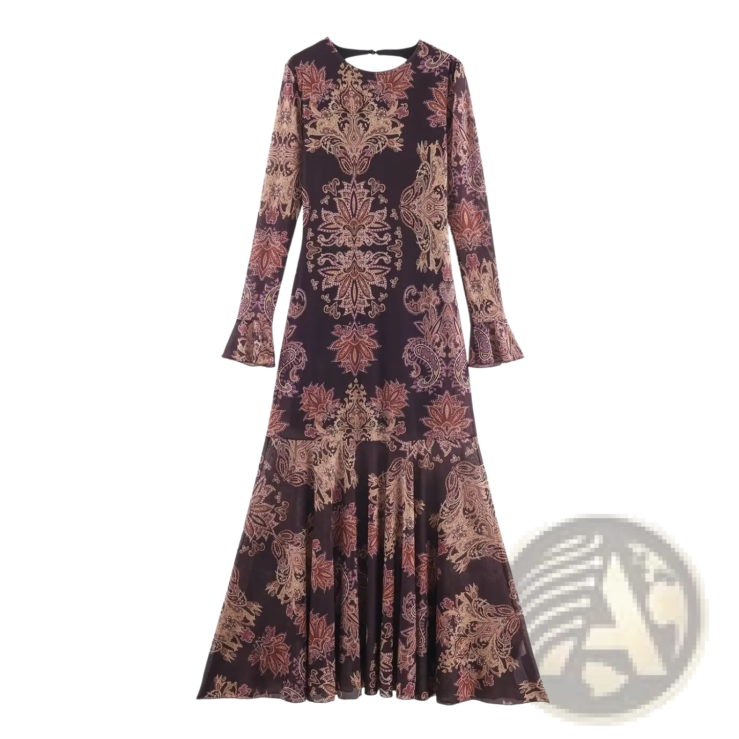 Retro Paisley Print Long Sleeve Maxi Dress
