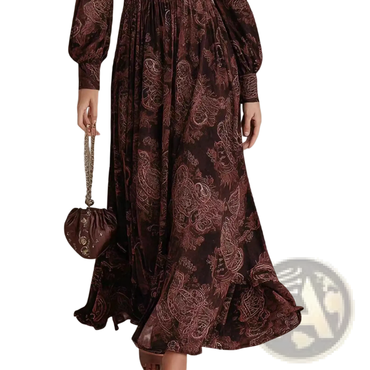 Retro Paisley Print Long Sleeve Maxi Dress