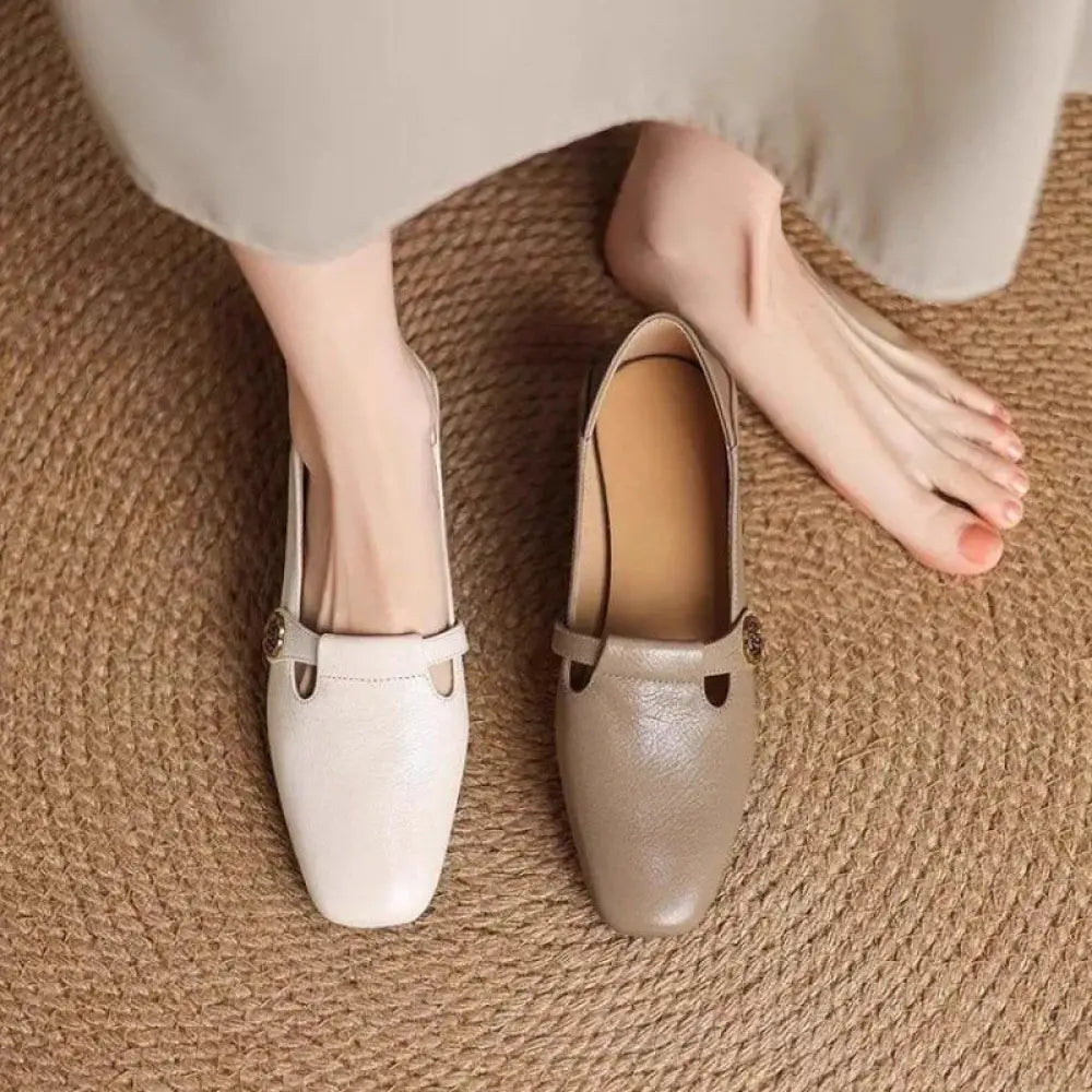 Retro Square Toe Leather Loafers with Rose Buckle Detail