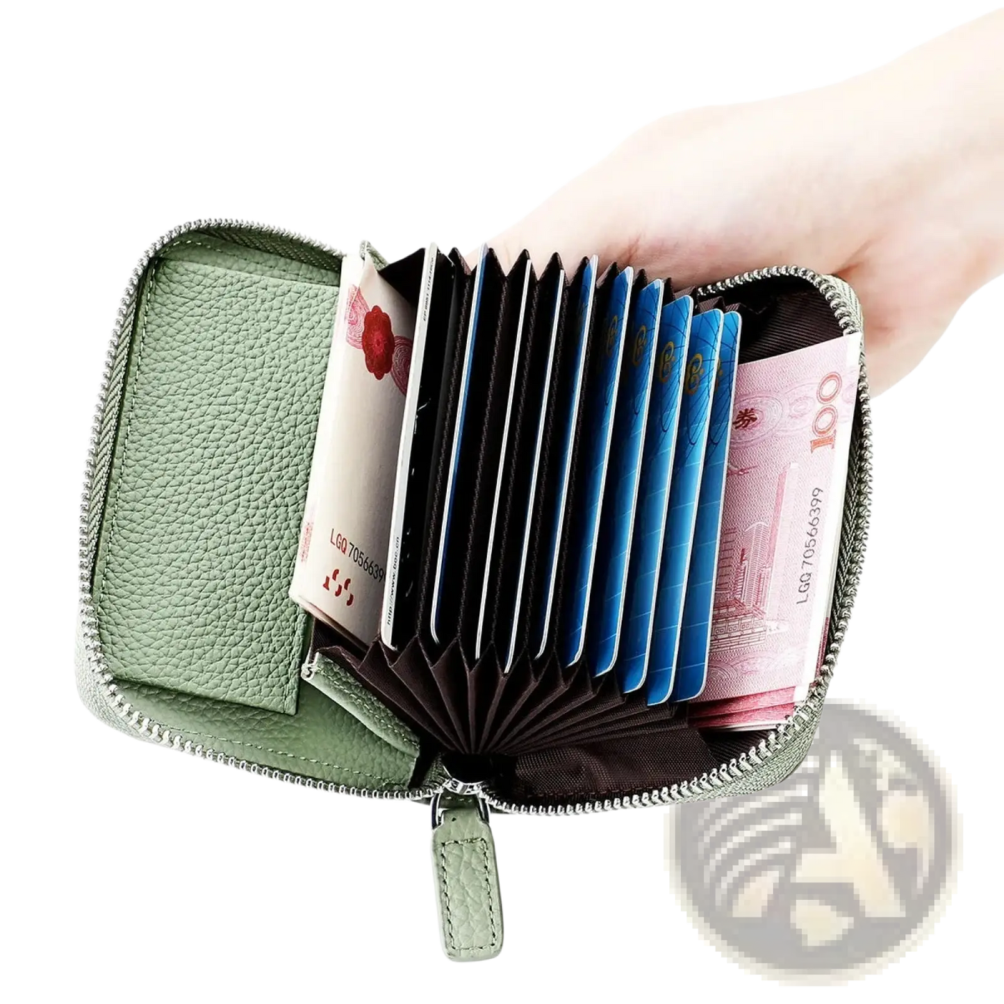 Rfid Leather Card Wallet with Zipper Coin Pocket Sage Green