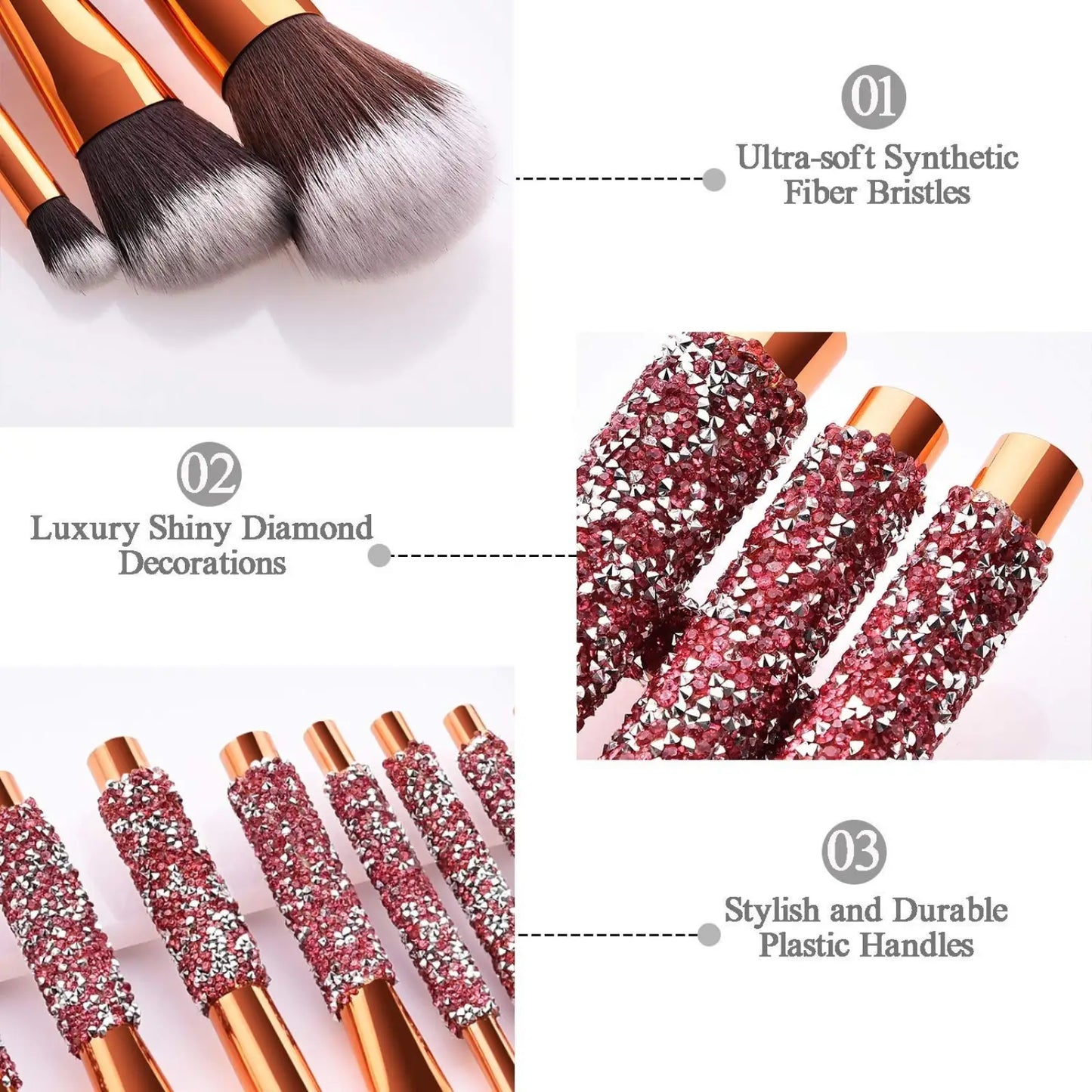 Rhinestone Makeup Brush Set with Bag 10 Piece Pink