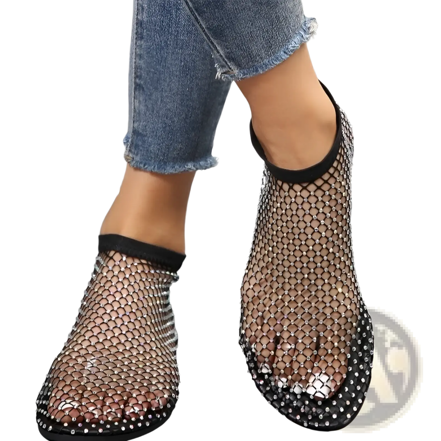 Rhinestone Mesh Flat Ankle Boots for Women