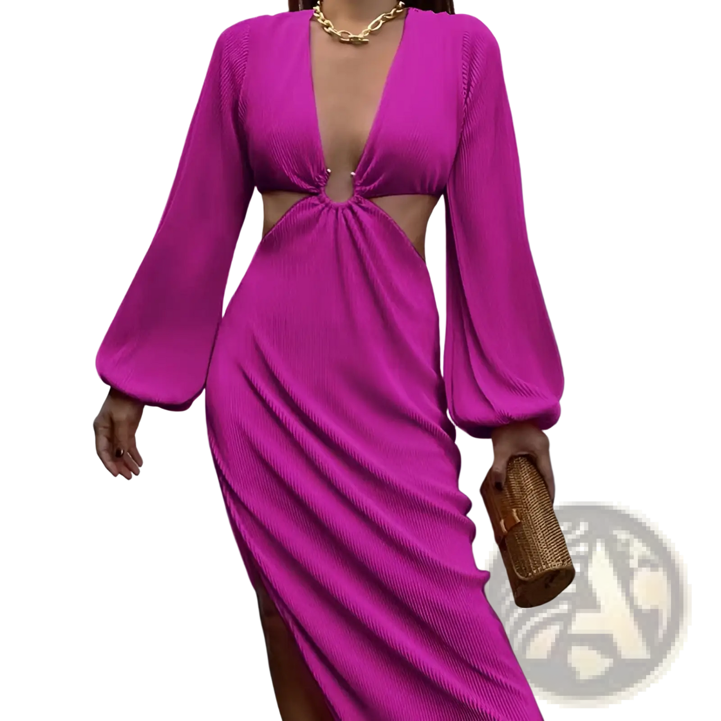 Ribbed Cutout Long Sleeve High Slit Maxi Dress