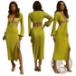 Ribbed Cutout Long Sleeve High Slit Maxi Dress