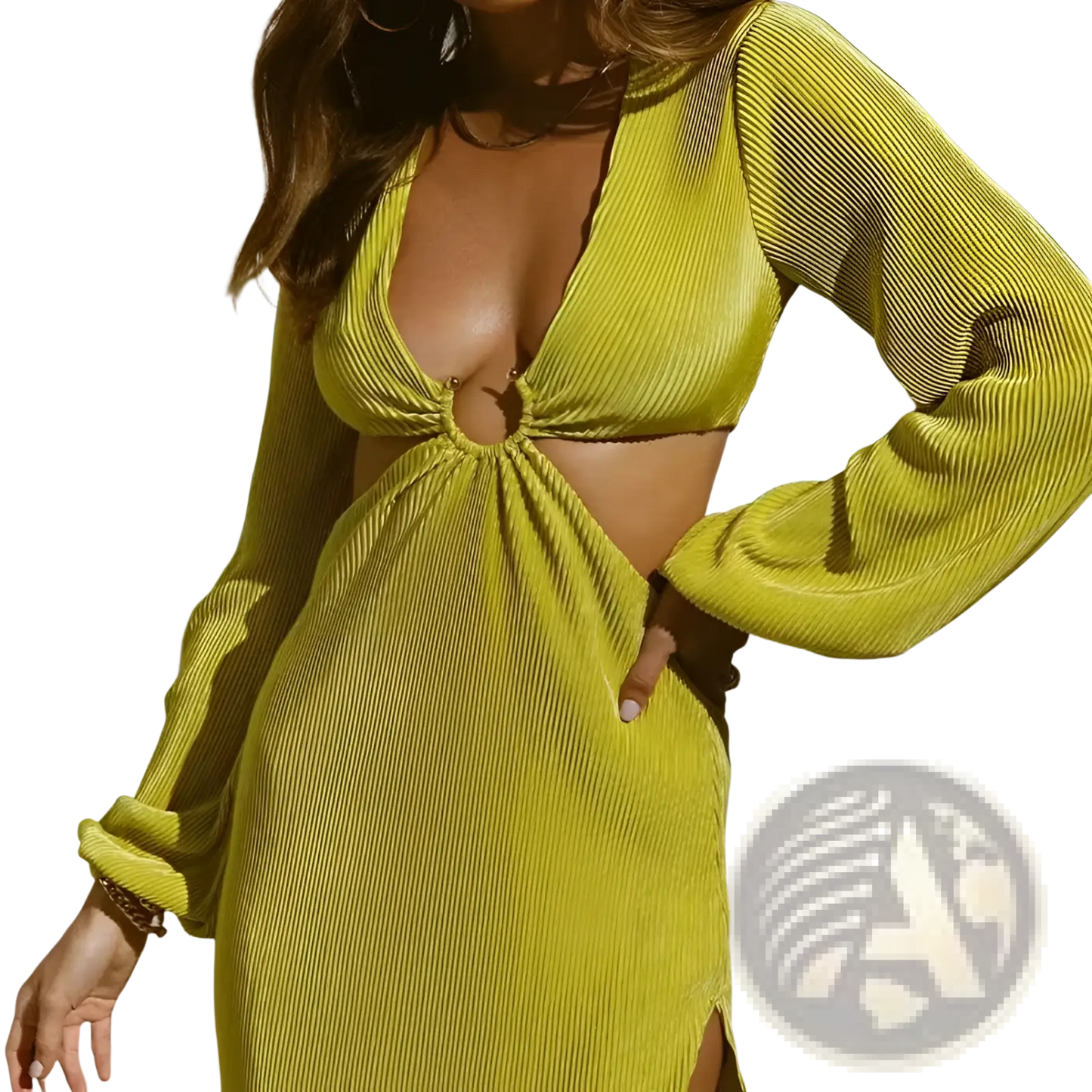 Ribbed Cutout Long Sleeve High Slit Maxi Dress