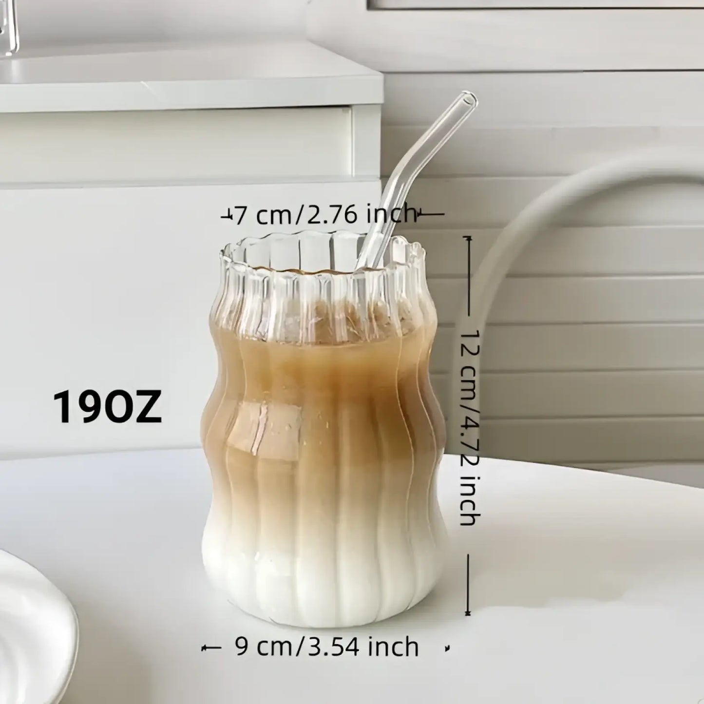 Ribbed Glass Cups with Straws 6 Piece 19oz Set
