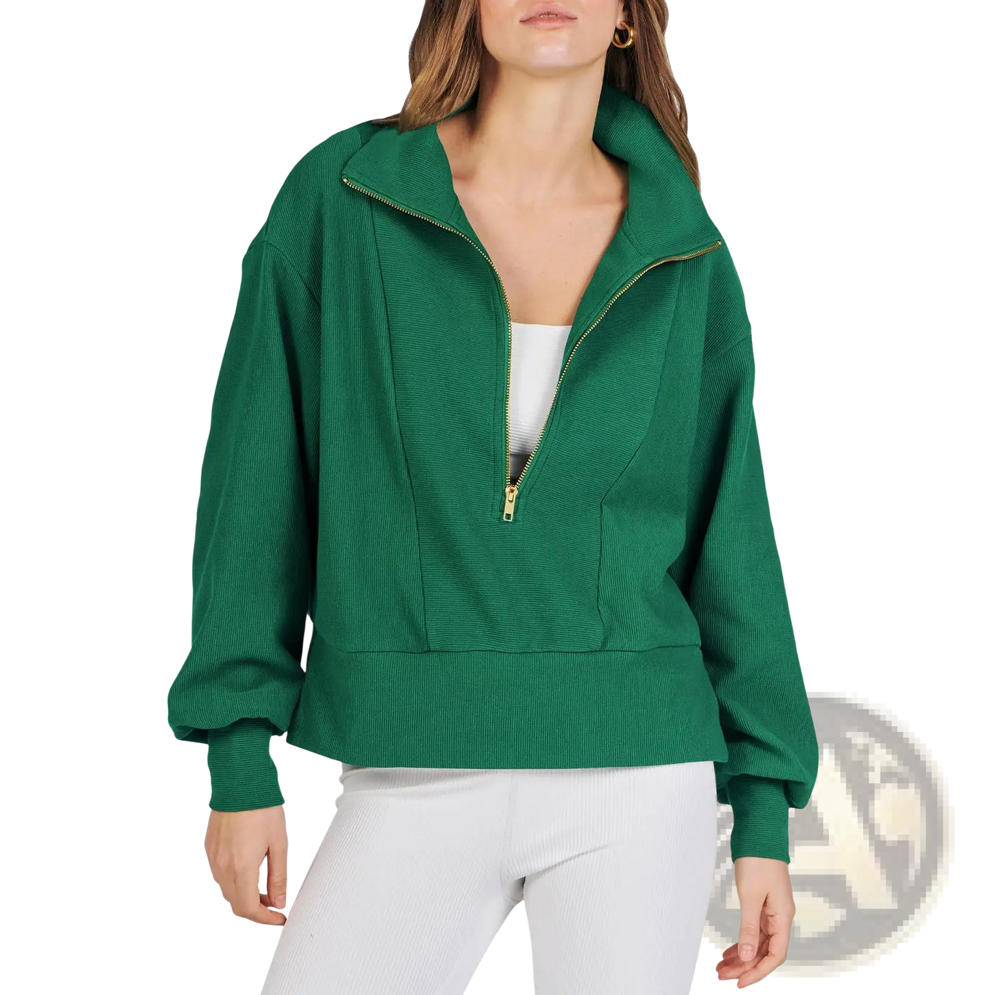 Ribbed Half Zip Pullover Sweatshirt with Gold Accents