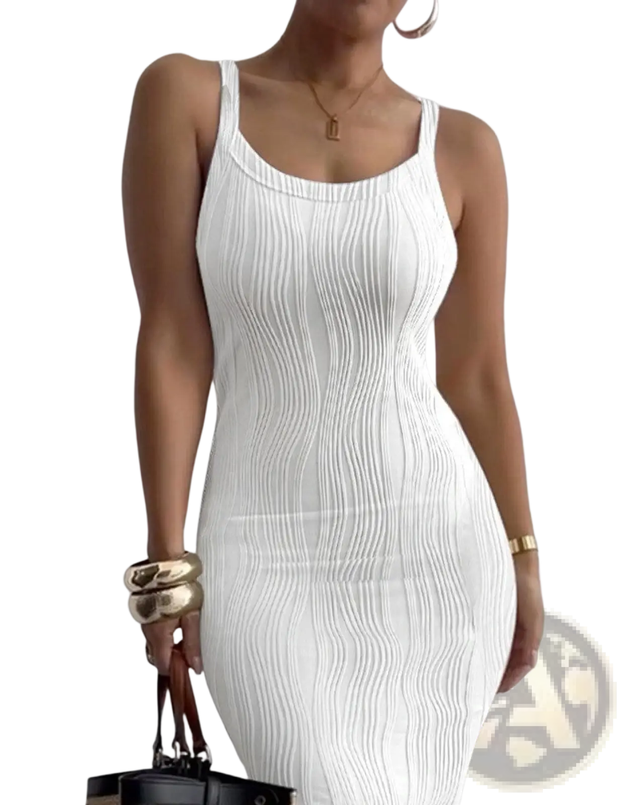 Ribbed Knit Square Neck Sleeveless Midi Dress