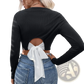 Ribbed Long Sleeve Crop Top with Back Satin Bow
