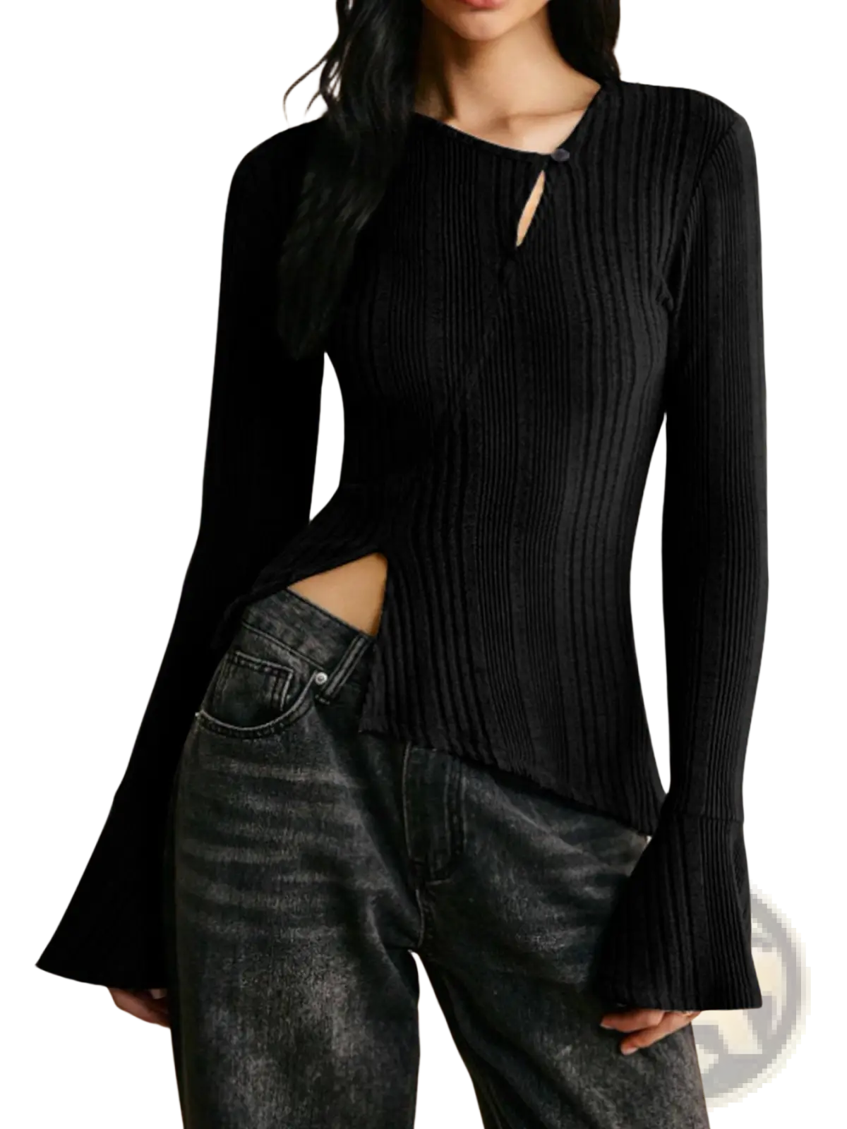 Ribbed Long Sleeve Cutout Top with Flared Hem