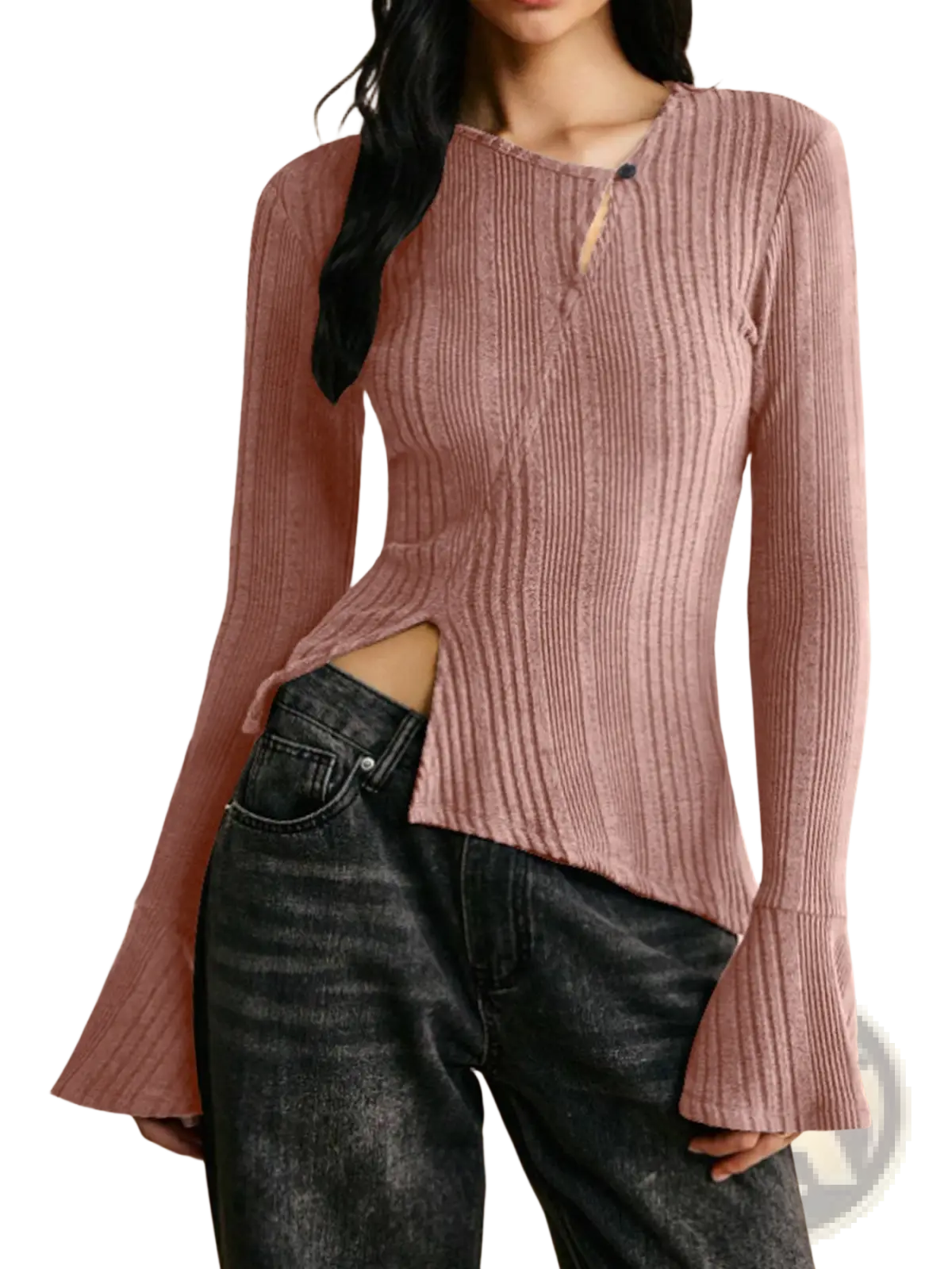 Ribbed Long Sleeve Cutout Top with Flared Hem