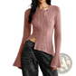Ribbed Long Sleeve Cutout Top with Flared Hem