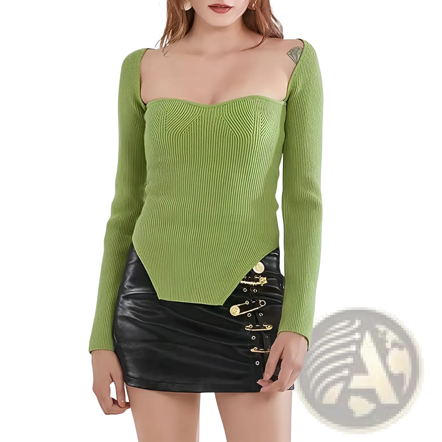 Ribbed Sweetheart Neck Long Sleeve Knit Pullover