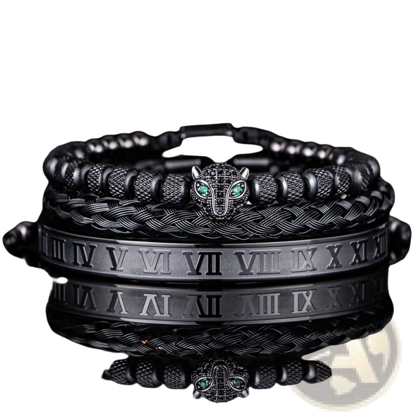 Roman Numeral Leopard Head Braided Leather Bracelet Set