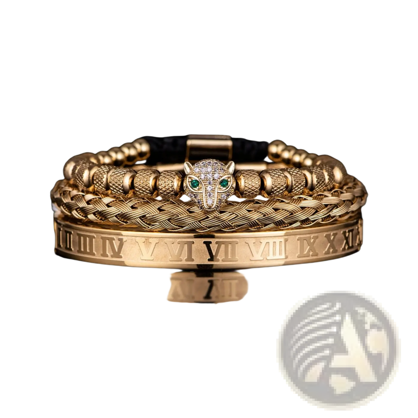Roman Numeral Leopard Head Braided Leather Bracelet Set