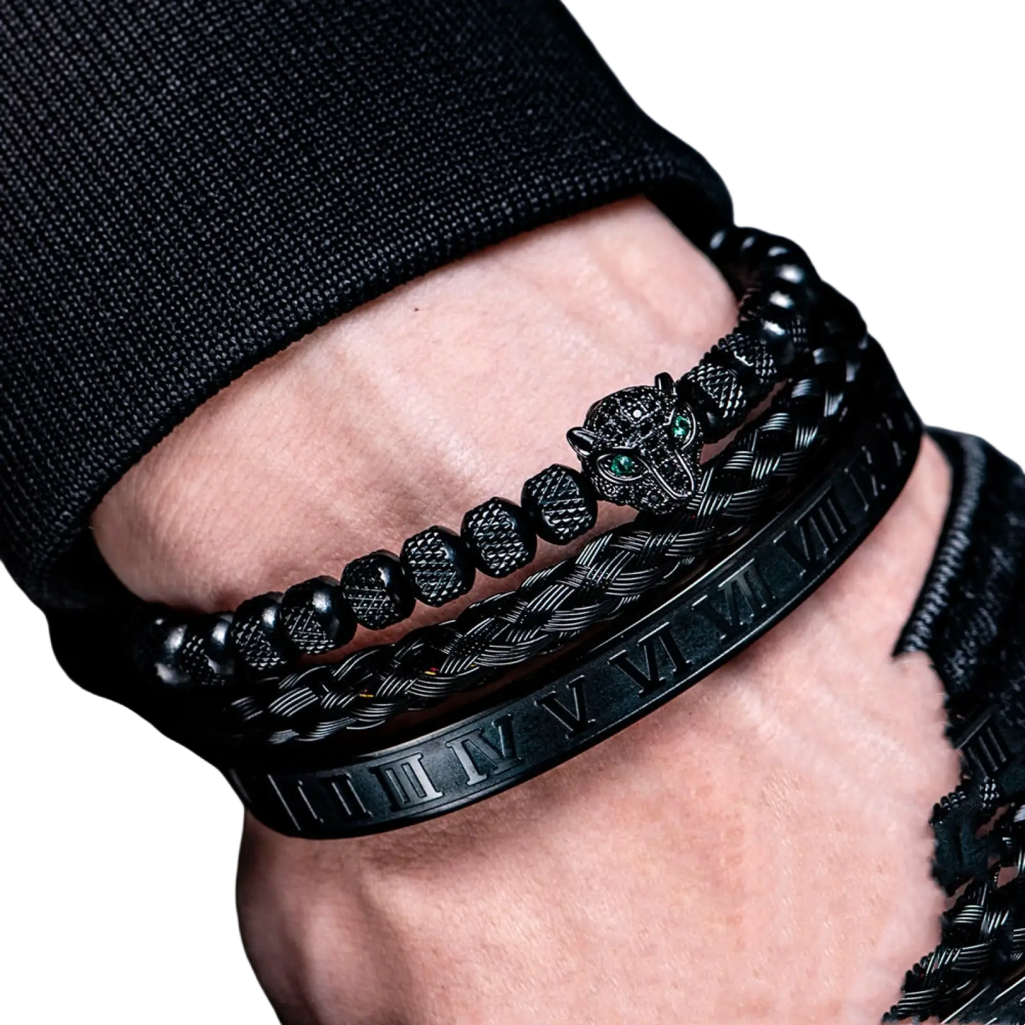 Roman Numeral Leopard Head Braided Leather Bracelet Set