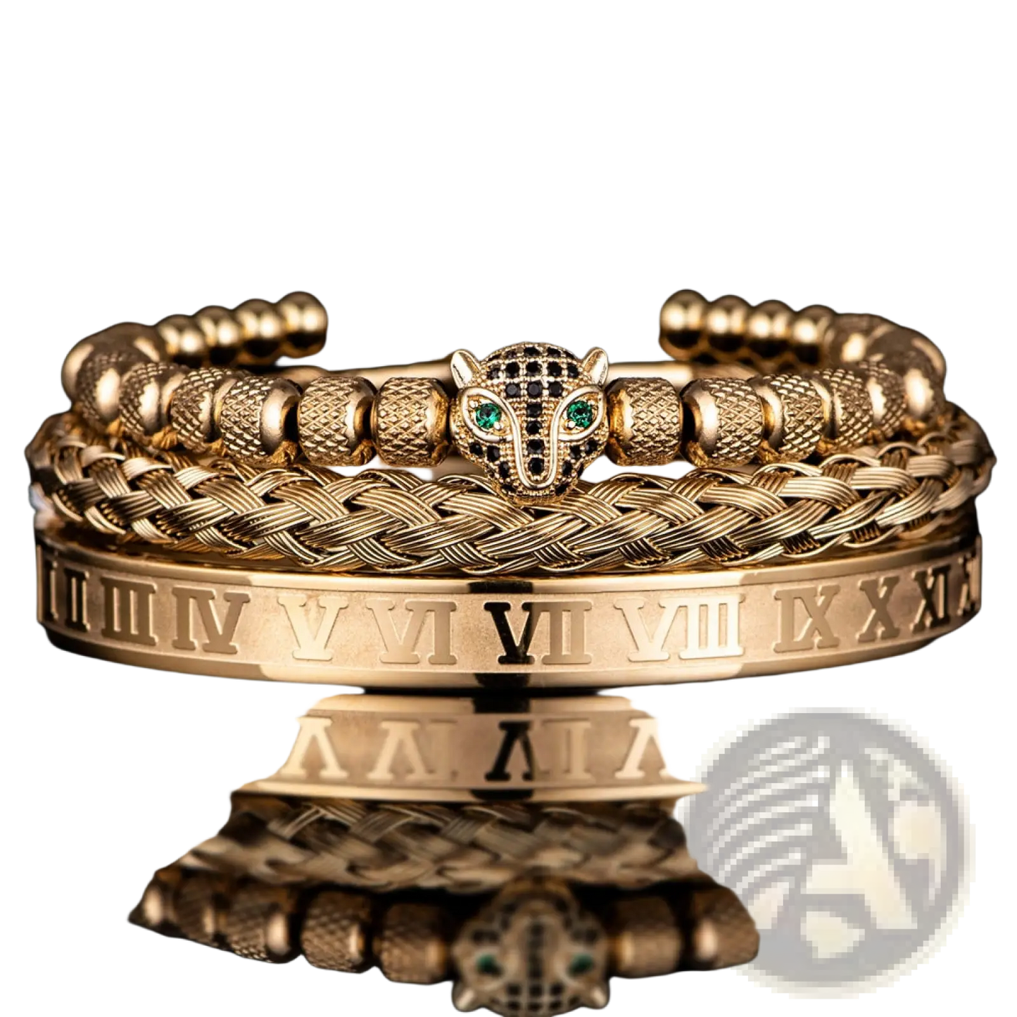 Roman Numeral Leopard Head Braided Leather Bracelet Set