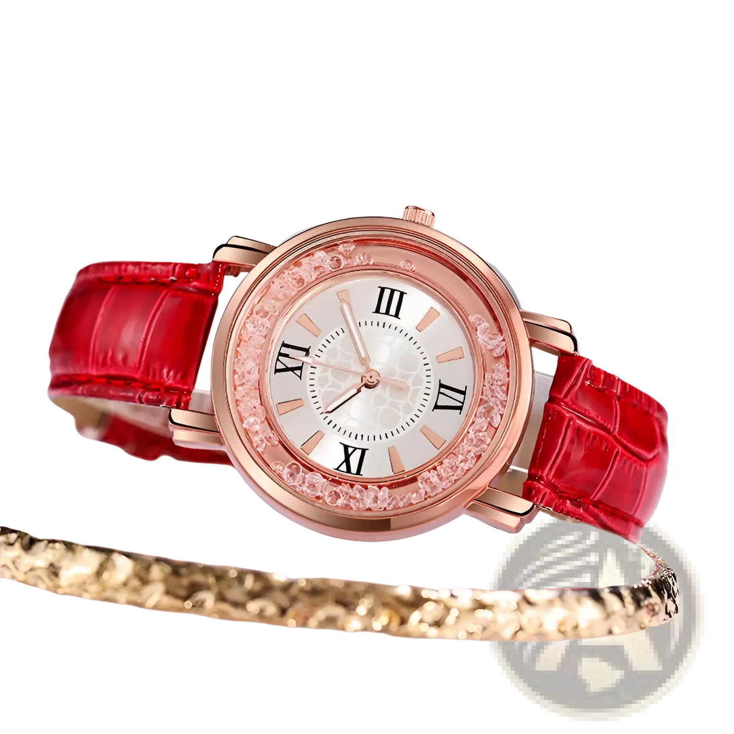 Rose Gold Quicksand Crystal Watch with Embossed Leather Strap