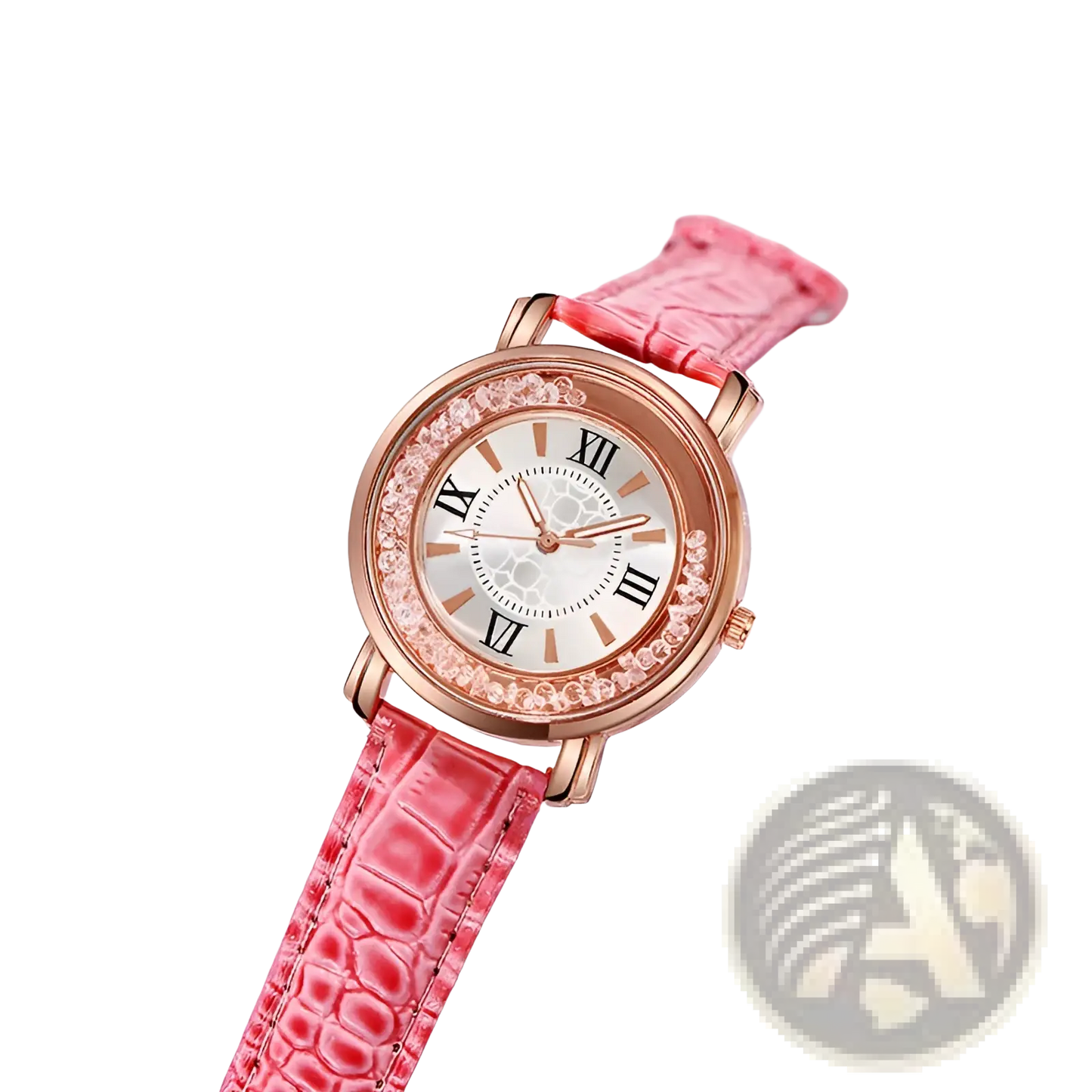 Rose Gold Quicksand Crystal Watch with Embossed Leather Strap