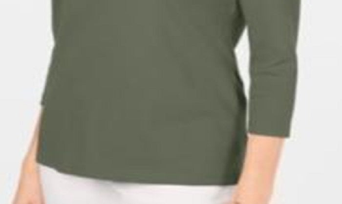 Karen Scott Women's Cotton V Neck Button Trim Top Green Size XXL