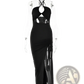 Ruched Halterneck Satin Split Maxi Dress