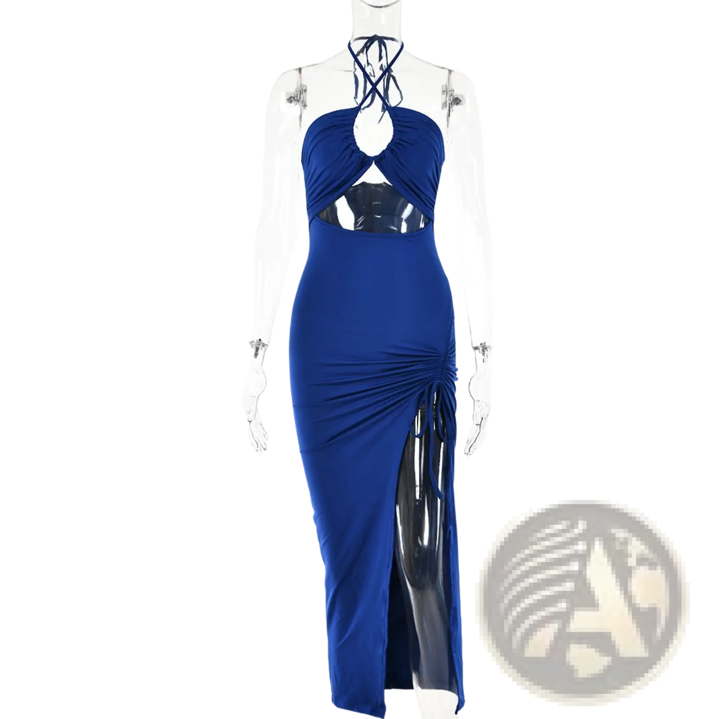 Ruched Halterneck Satin Split Maxi Dress